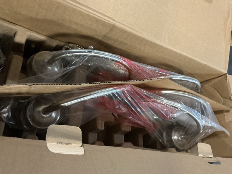 Condition photo showing item condition for Project Source Fallsbrook 5 Light Brushed Nickel Chandelier Frosted Glass