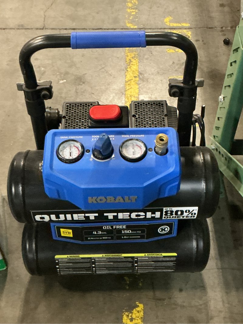 Condition photo showing As Is for kobalt 4.3-gal quiet compressor 