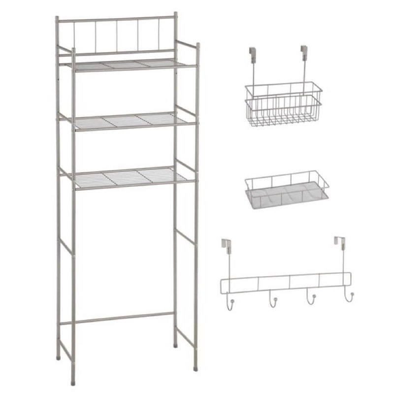 Mainstays 4-Piece Satin Nickel Over-the-Toilet Bathroom Storage Shelf Set with Wire Basket and Over-the-Door Hook