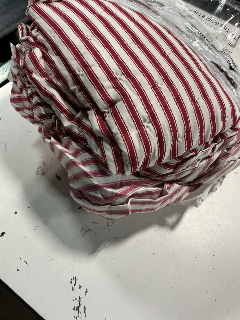 Condition photo showing Good Condition for chixin ticking stripe ruffle skirt bedspread queen size - 30" long drop, shabby chic style, lightweight bedding cover, 3 piece set, burgundy red queen 1 -red stripe