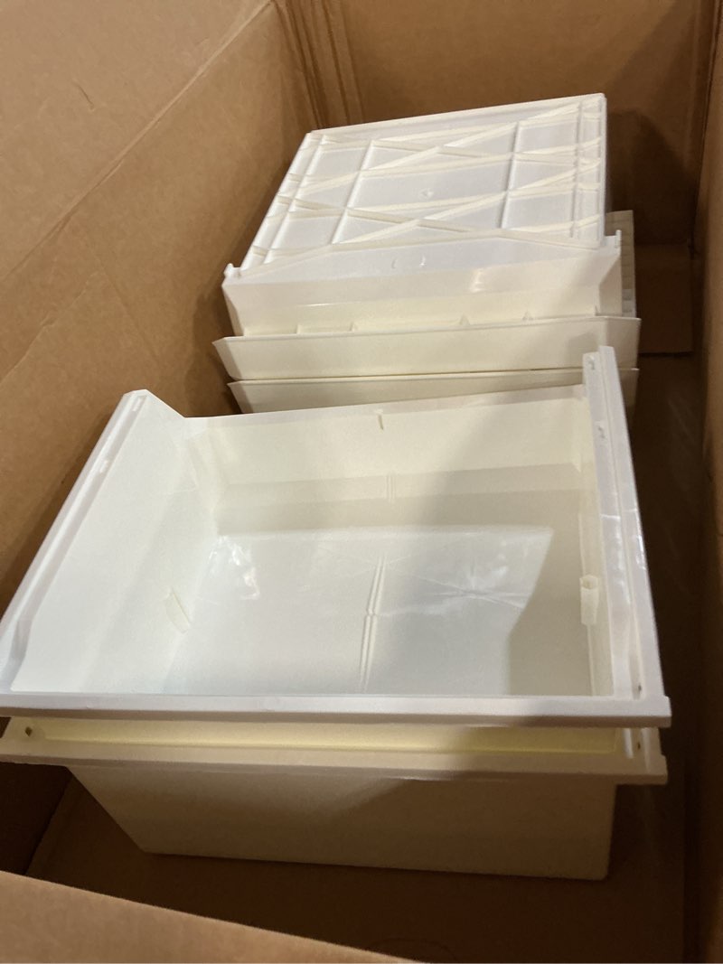 Condition photo showing Good Condition for Plastic Containers for Organizing and Storage Bins for Closet, Kitchen, Office, Garage or Pantry Organization, Stackable Bins, Extra Large (14.8" x 16.5" x 7"), 4-Pack, White White Extra Large, 4-Pack