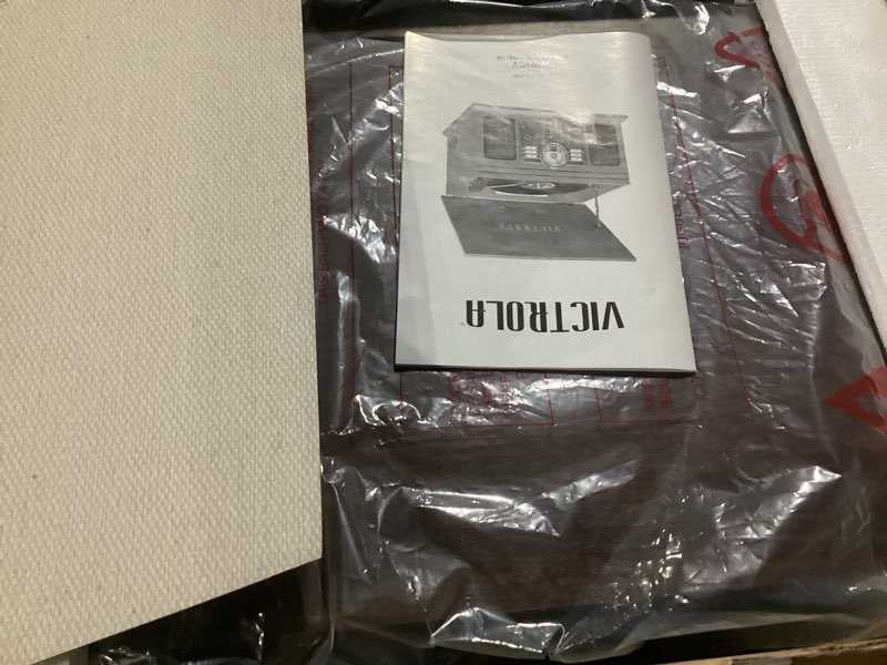 Condition photo showing New/Like New for victrola the quincy 6-in-1 bluetooth record player & multimedia center with built-in speakers – 3-speed turntable, cd & cassette player, am/fm radio, wireless music streaming (espresso) espresso record player