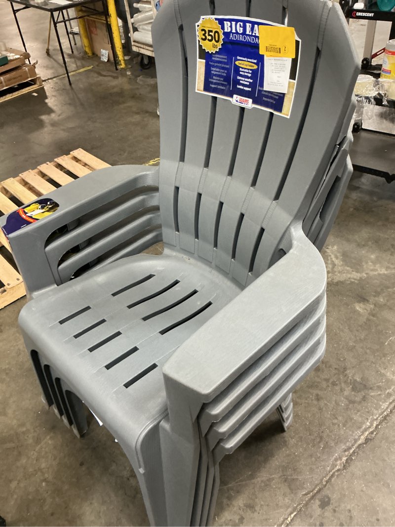 Condition photo showing As Is for adams patio stackable charcoal plastic frame stationary adirondack chair with slat seat 4 pack