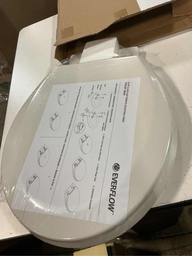 Condition photo showing New/Like New for highcraft premium round toilet seat with slow-close design, adjustable hinges & quick removal mechanism - molded wood toilet seat - fits standard round toilets - toilet seat in white round white