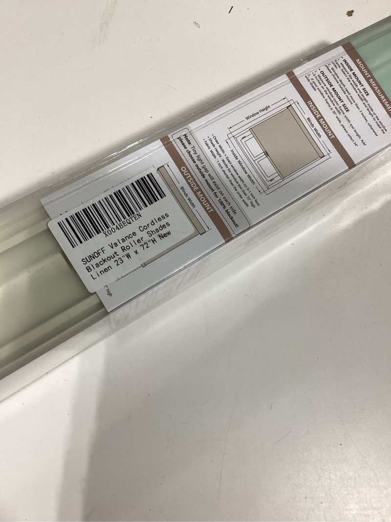 Condition photo showing New/Like New for Cordless Blackout Roller Shades Blinds for Windows Free-Stop,Pull Down Room Darkening with Valance,Thermal Insulated Woven Fabric Window Door Blinds for Home,Office,Linen 23" W x 72" L 23"W x 72"H Linen