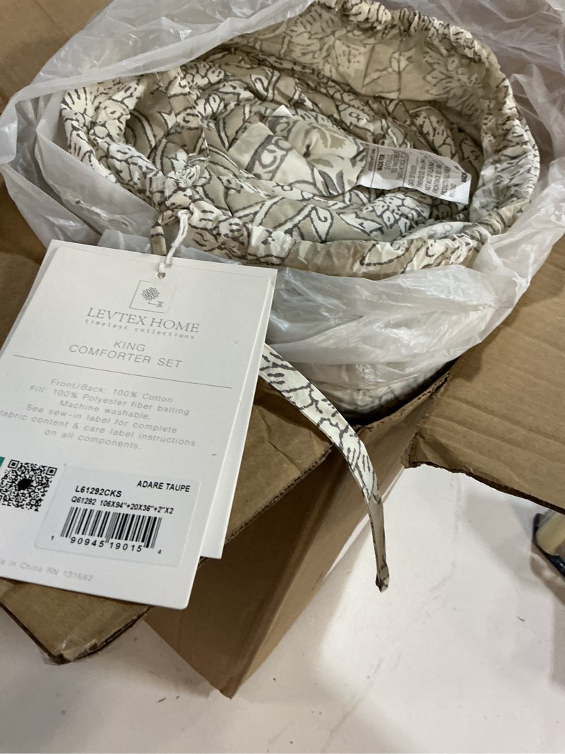 Condition photo showing Good Condition for levtex home adare taupe reversible king/cal king comforter set (106x94in) with 2 pillowcases (36x20in) - floral bedding - taupe white - 100% cotton king size comforter set - soft, pre-washed comforter - king/cal king taupe