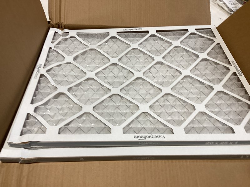 Condition photo showing As Is for amazon basics 20x25x1 air filter 6-pack, merv 8 ac furnace filters, removes dust, electrostatic, allergy control (actual size: 19.75" x 24.75" x 0.75") 20x25x1 merv 8