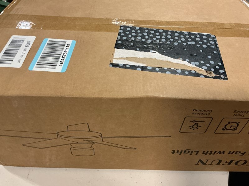 Condition photo showing New/Like New for akofun ceiling fans with lights and remote, low profile ceiling fan with light, app, 6 speed, dimmable, dc motor, quiet, timer, flush mount modern ceiling fan for bedroom living room (44 inch, black) black 44 inch