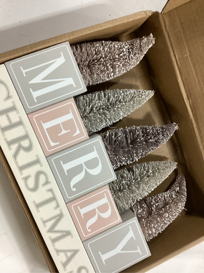 Condition photo showing As Is for Christmas Decorations for Home Farmhouse Merry Christmas Tree Decor Wooden Winter Rustic Sign Vintage Holiday Tabletop Block for Kitchen Xmas Party Mantel Tiered Tray Gift