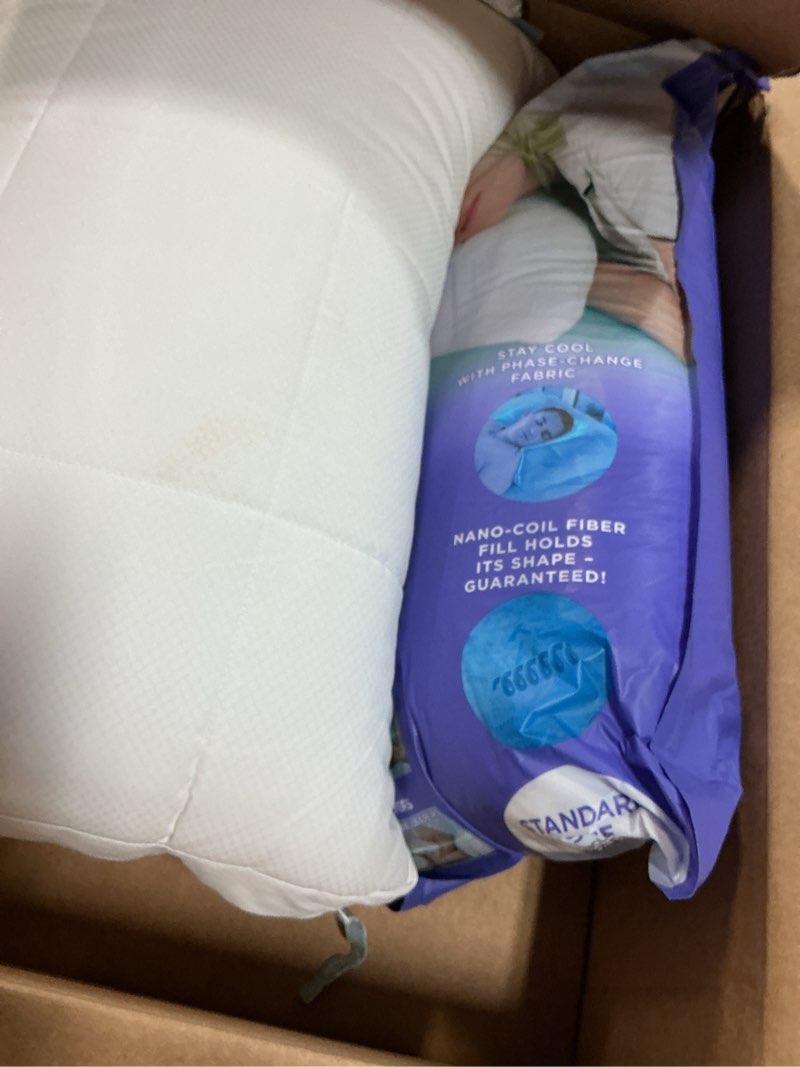 Condition photo showing As Is for nuzzle cooling adjustable pillow for side sleepers, luxury standard size set of 2 bed pillow hotel collection - best adjust height soft firm pillow for back, stomach or side sleepers - home gifts standard size (set of 2) white