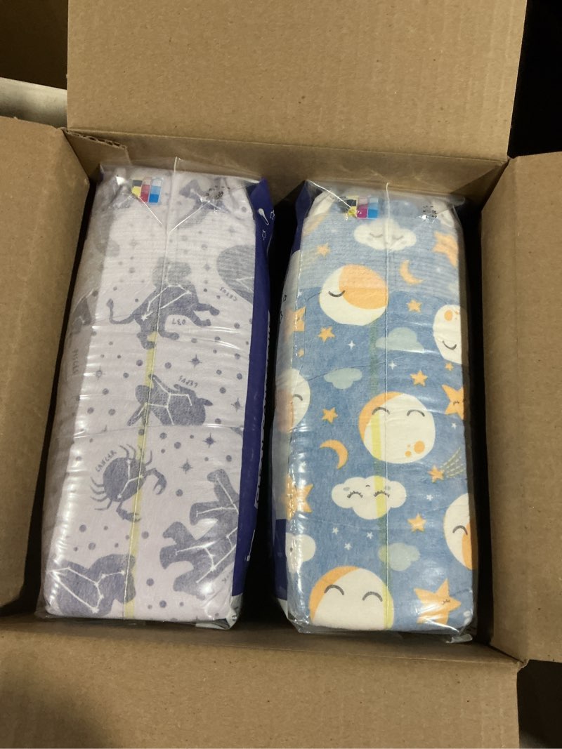 Condition photo showing Good Condition for the honest company comfort dry disposable overnight diapers for sensitive skin, hypoallergenic, baby cozy cloud and star signs design club box size 5 (27 lbs) 40 count size 5 40