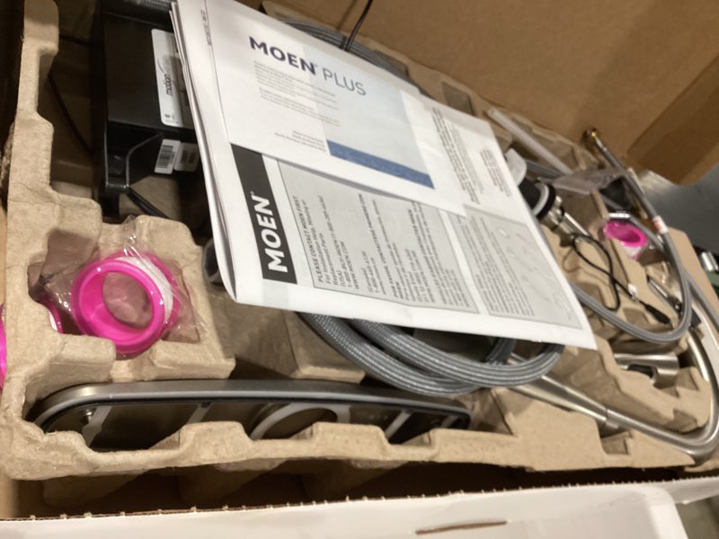 Condition photo showing As Is for similiar productmoen haelyn spot resist stainless touchless single-handle pulldown sprayer kitchen faucet with soap dispenser, features power clean for a faster wash, 87627ewsrs spot resist stainless wave sensor