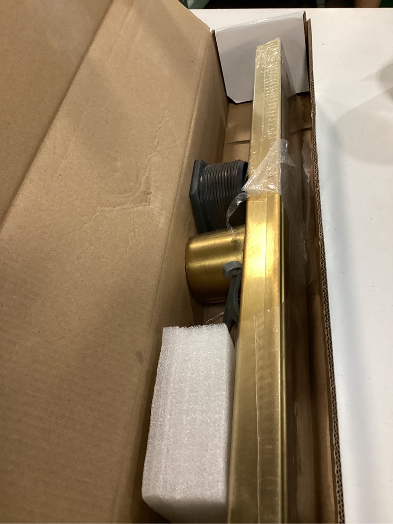Condition photo showing Good Condition for sanitemodar linear shower drain, gold shower drain 18 inch with invisible 2 in 1 tile insert panel, 304 stainless steel brushed gold shower drain with hair strainer and leveling feet gold tile insert grate 18 inch