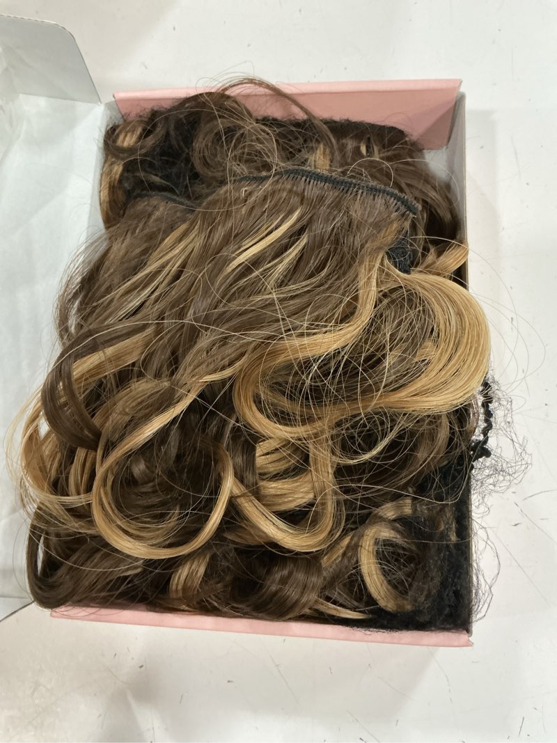 Condition photo showing As Is for reecho curly hair extensions, 4pcs 16 inch clip in hair extensions lace weft short curly hair extensions clip ins invisible natural hairpieces for women, chocolate brown with highlights chocolate brown with highlights 16 inch