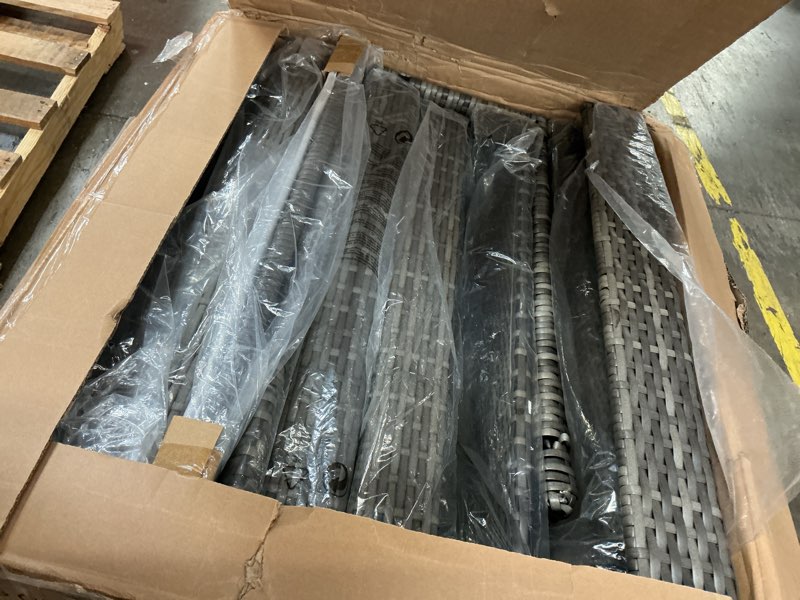 Condition photo showing As Is for Garvee Patio Furniture Set 5 Pieces, 7-Seat PE Rattan Wicker Outdoor Sectional Patio Conversation Set with Waterproof Cusions and Coffee Table, Grey and Grey 5pcs - Grey Rattan With Grey Cushion 108.2 x 108.2 x 28 inches INCOMPLETE SET box 3 of 3 only 