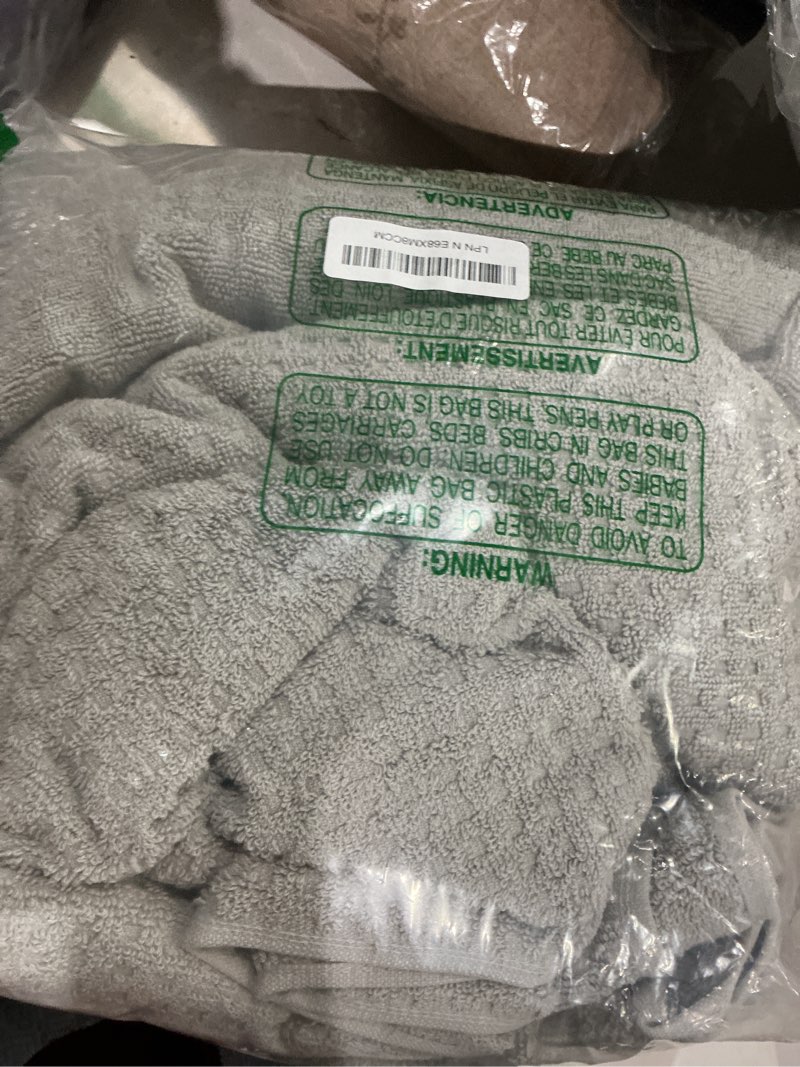 Condition photo showing As Is for madison park spa waffle 100% cotton luxurious towel set, premium texture waffle weave, highly absorbent, quick dry, hotel & spa quality wash clothes for bathroom, assorted sizes, grey 6 piece