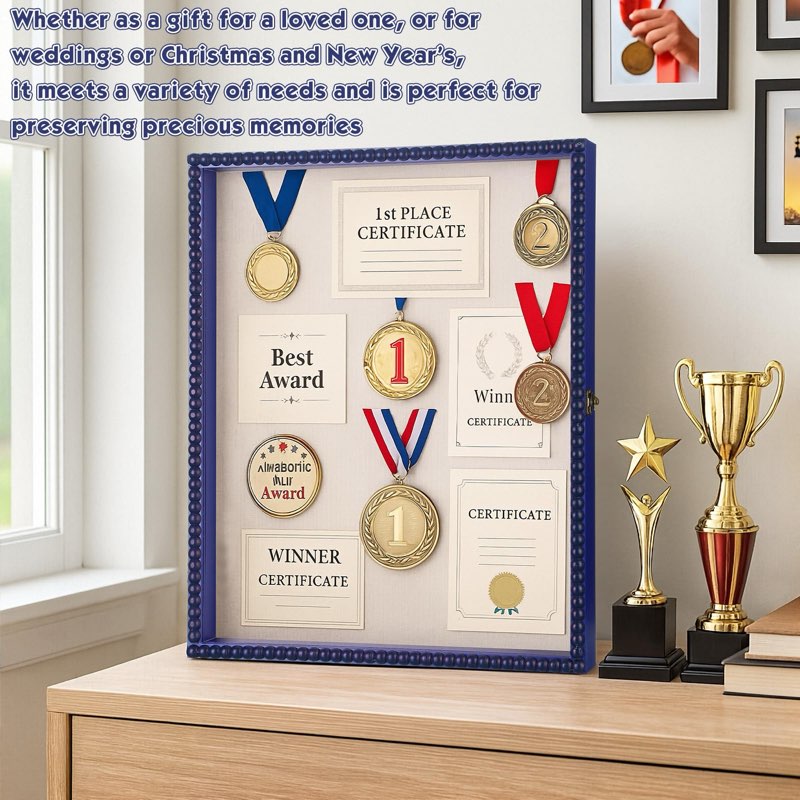 Shadow Box Frame 16x20 Deep Large Shadow Box Display Case with Beads Door and Glass Window, Christmas Wood Memory Case for Keepsakes Pictures Medals Photos Tickets Memorial Items(Navy Blue)