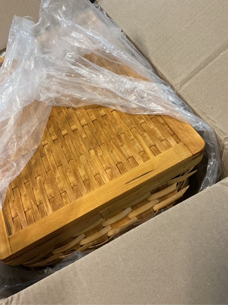 Condition photo showing As Is for woodchip picnic storage basket with cover and movable handles, large