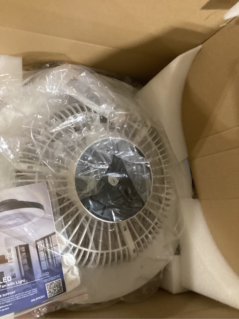 Condition photo showing Good Condition for depuley modern ceiling fan with light: 19" bladeless flush mount low profile led ceiling fans with remote & smart app control - white enclosed fandelier dimmable quiet dc motor for bedroom kids room white-acrylic 19 inch