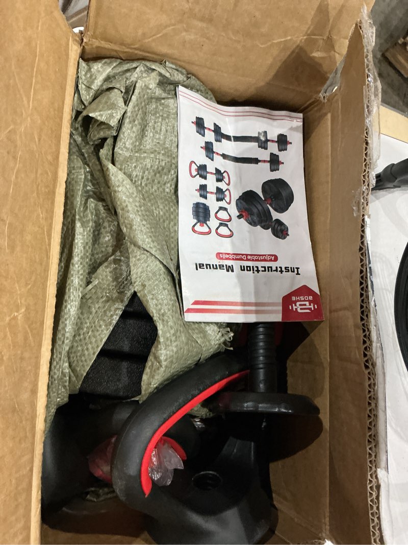 Condition photo showing As Is for adjustable dumbbell set, 20/33/45/70/90lbs free weight set with connector, 4 in1 dumbbells set used as barbell, kettlebells, push up stand, weight set for home gym suitable men/women