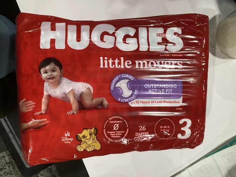 Condition photo showing Good Condition for huggies size 3 diapers, little movers baby diapers, size 3 (16-28 lbs), 156 count (6 packs of 26) size 3 156