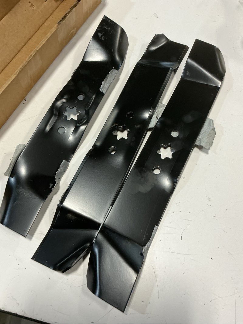 Condition photo showing Good Condition for 942-0611a 46'' mulching blades for cub cadet lt1045 lt1046 i1046 1180 troy bilt gt-2246 gtx 2446 46'' deck mower lawn tractor 742-0611a 742-0611 742-0612a 742-0612 942-04124 942-04125 / 3 pack, black