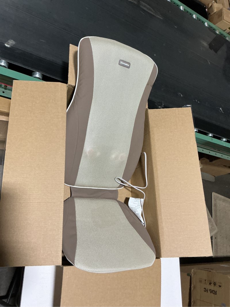 Condition photo showing As Is for homedics shiatsu back massage cushion with adjustable speeds and comforting heat fits most chairs, brown, 1 count