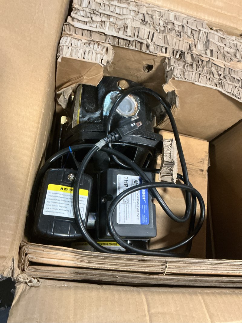 Condition photo showing As Is for acquaer shallow/deep well jet pump, cast iron convertible pump with ejector kit, well depth up to 25ft or 90ft, 115v/230v dual voltage, automatic pressure switch,1hp