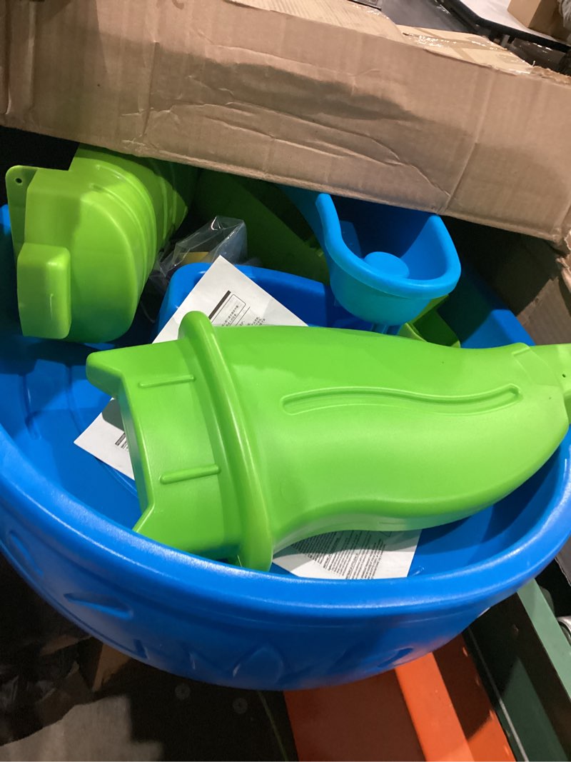Condition photo showing As Is for step2 rain showers splash pond water table, kids water and sand activity sensory playset, summer outdoor toys, 13 piece water toy accessories, for toddlers 1.5+ years old, blue & green