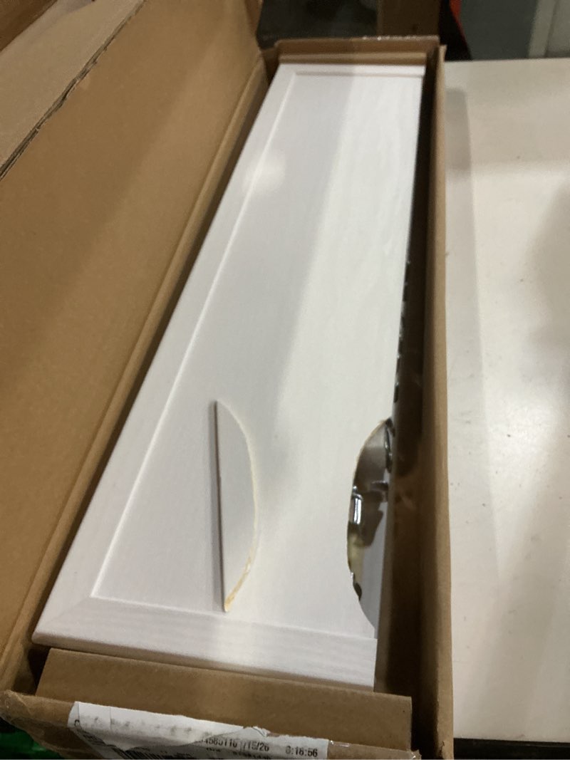 Condition photo showing As Is for high & mighty decorative 24" floating shelf holds up to 20 lbs, easy tool-free dry wall installation, beveled, white | 515660 24 inch ecommerce packaging