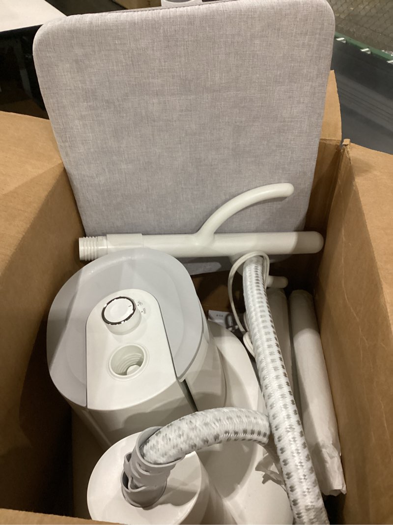 Condition photo showing As Is for used as is not tested rowenta steamer for clothes with ironing board, home steam, stainless steel full size steamer, 47.33oz water tank, hanger rack for clothes, compact, 1800 watts, white is3250