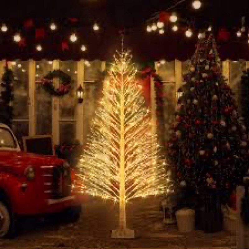 Rossesay 3 Pack Christmas Lighted White Birch Tree with Warm Lights, Outdoor Artificial Light up Whi