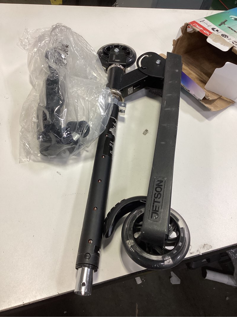Condition photo showing As Is for Jetson Jupiter Kids 2-Wheel Light-Up Kick Scooter, LED Lights on Handlebar, Stem, Wheels & Deck, Adjustable Handlebar, Rear Brake, Easy-Folding Mechanism, Ages 5+ Jupiter Black