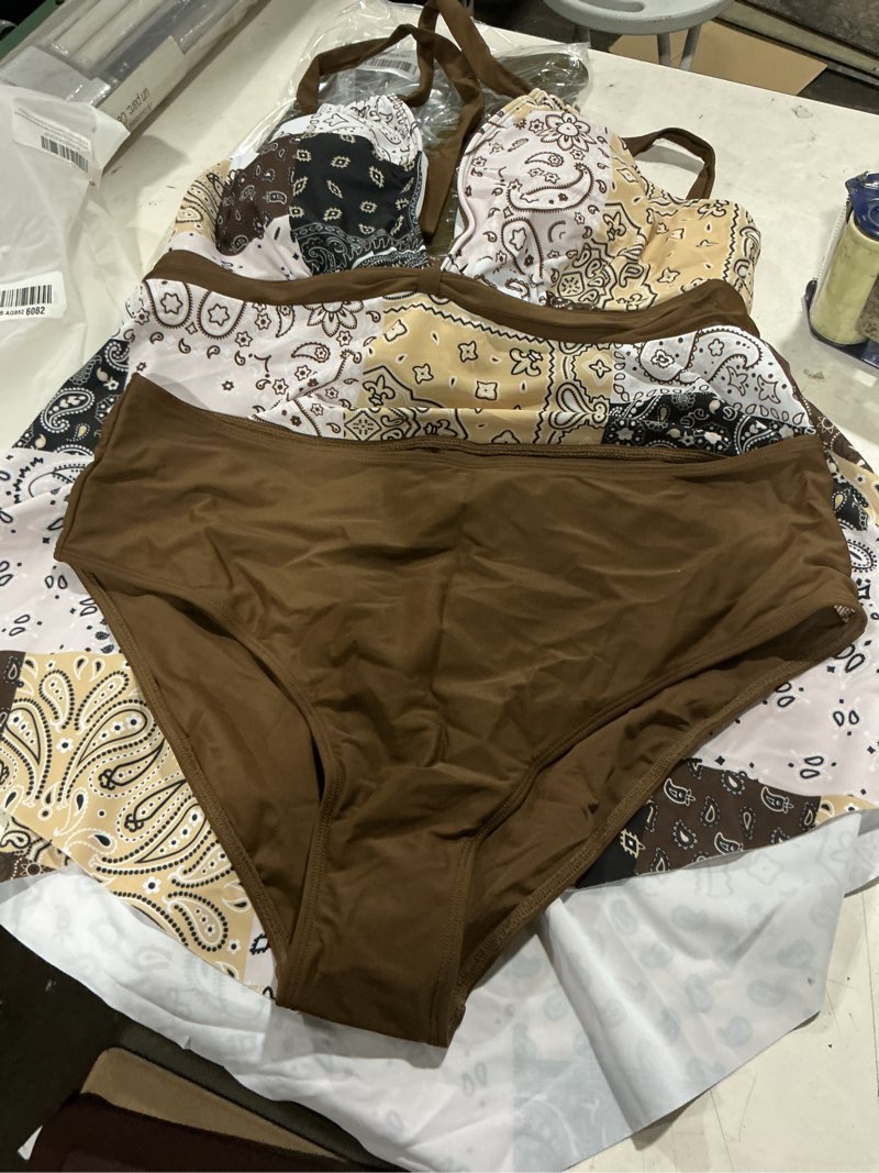 Condition photo showing Good Condition for modlily halter sexy tankini swimsuits for women, tummy coverage bathing suits, handkerchief hem top with mid rise briefs x-large light coffee