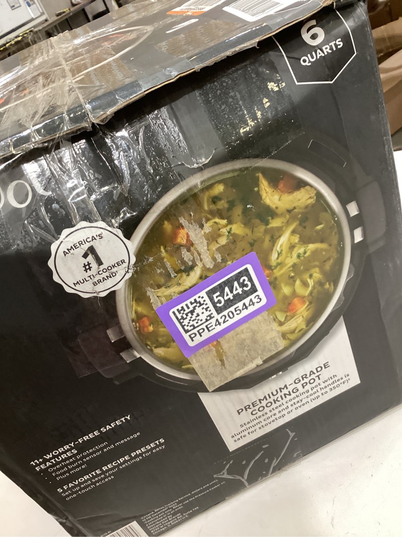 Condition photo showing As Is for instant pot pro 10-in-1 pressure cooker, slow cooker, rice/grain cooker, steamer, sauté, sous vide, yogurt maker, sterilizer, and warmer, includes app with over 800 recipes, black, 6 quart 6 quarts