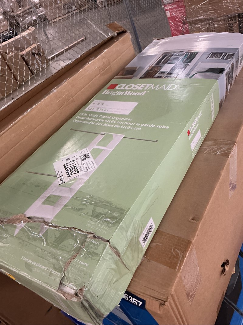 Condition photo showing As Is for closetmaid brightwood 4-ft to 9-ft w x 6.85-ft h white solid shelving wood closet system