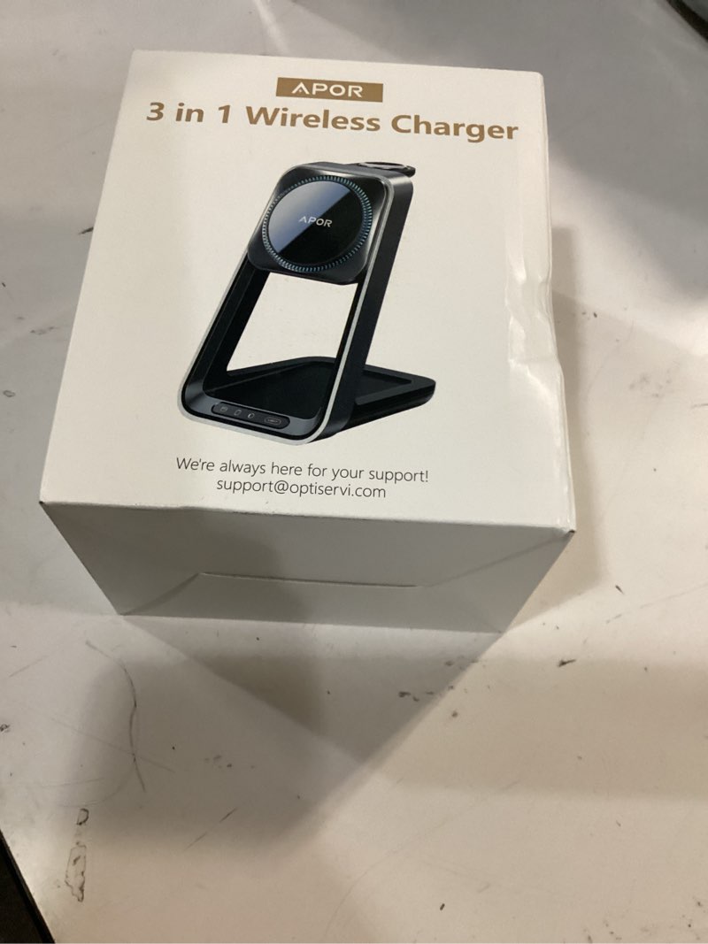 Condition photo showing New/Like New for Apor 3 in 1 Charging Station for iPhone, Magsafe Wireless Charger with Cooling Fan for iPhone 17 16e 16 15 14 13 12 Series & Apple Watch Charger, Wireless Charging Station for AirPods 4/3/Pro (Blue)