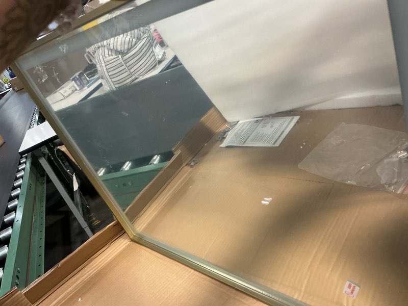 Condition photo showing Good Condition for led bathroom mirror, 20x28 inch frontlit & backlit gold framed lighted mirror,wall mouted vanity with lights,double lights strips,anti fog stepless dimmable white/warm/natural gold -3 color 20"l x 28"w