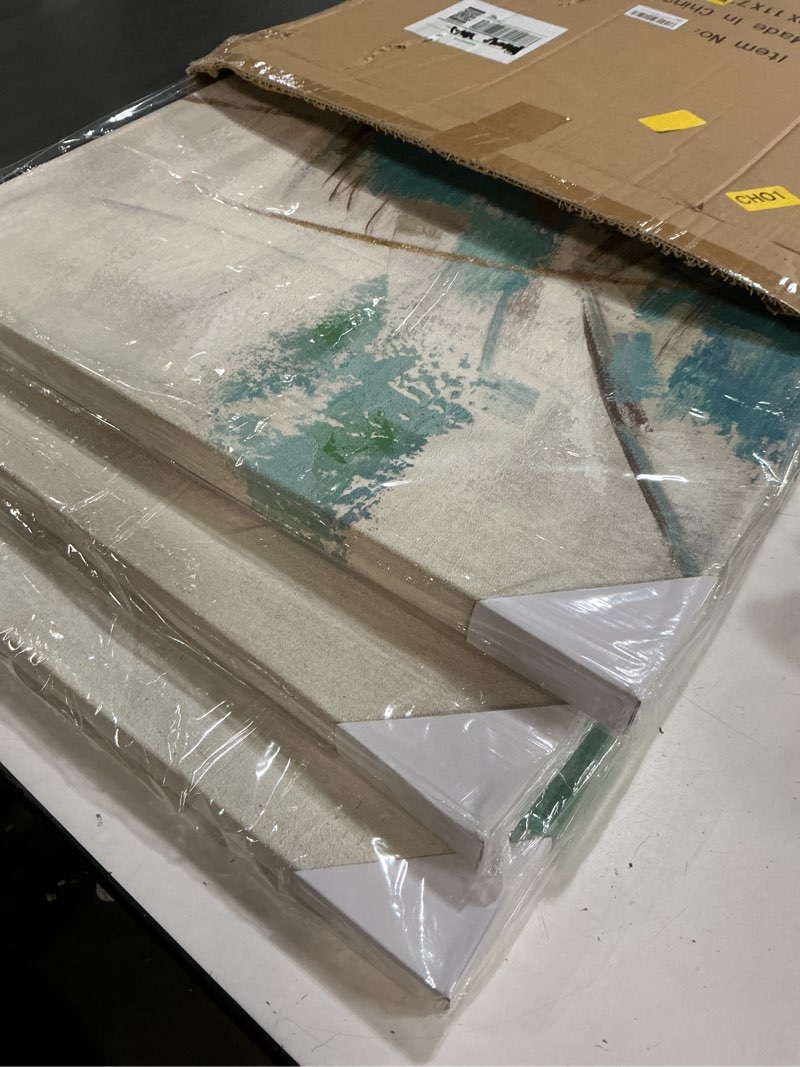 Condition photo showing New/Like New for Yihui Arts 3 Piece Abstract Canvas Wall Art with Textured Light Blue Teal Color Painting Pictures Set with Gold Foil Artwork for Living Room Bedroom Bathroom Decor