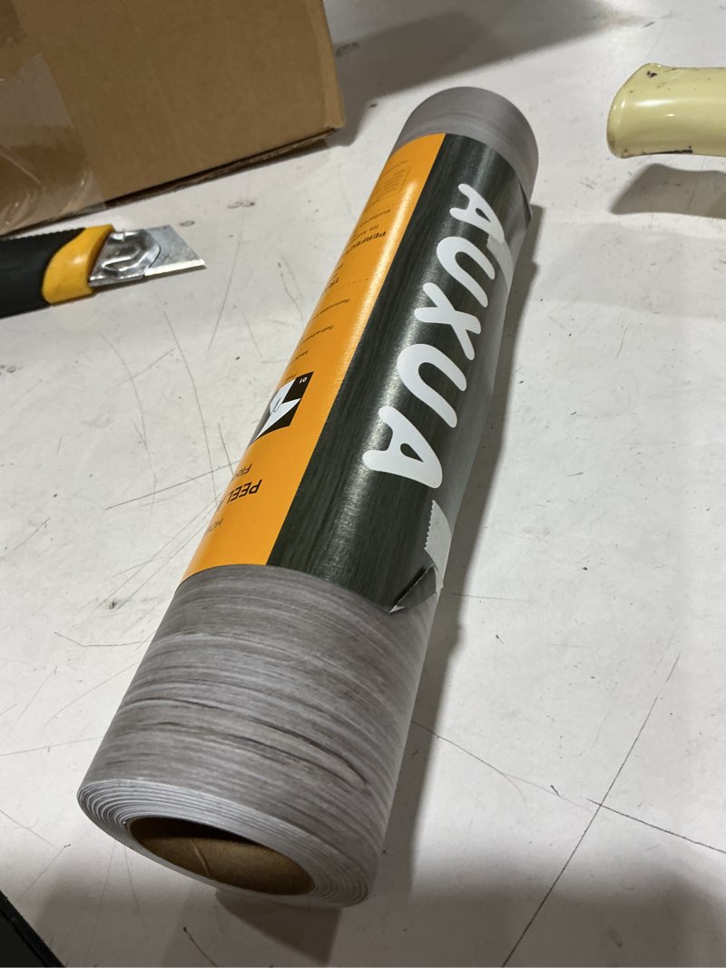 Condition photo showing New/Like New for wood grain peel and stick floor tiles – 11.8” width, full roll length of 118" – versatile design for any space, grey self adhesive vinyl flooring, waterproof and non-slip features