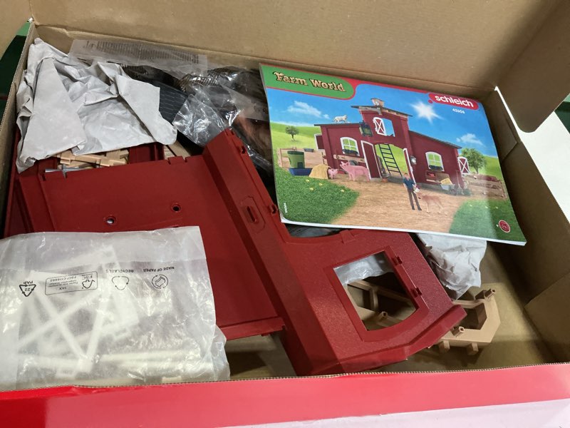Condition photo showing As Is for schleich farm world - 92pc red barn farm playset with animals, farmer, accessories and movable pieces - realistic barnyard animal figurines - fun educational toys for kids, toddlers ages 3+ | 42606