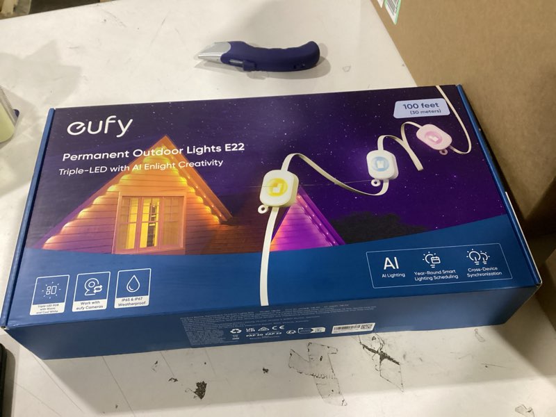 Condition photo showing New/Like New for eufy Permanent Outdoor Lights E22, 50ft with 30 Triple-LED Lights, Smart RGBWW for Christmas, Daily and Holiday, Up to IP67 Waterproof, AI Light Themes for Christmas Decorations, Works with eufy Cams White 50ft