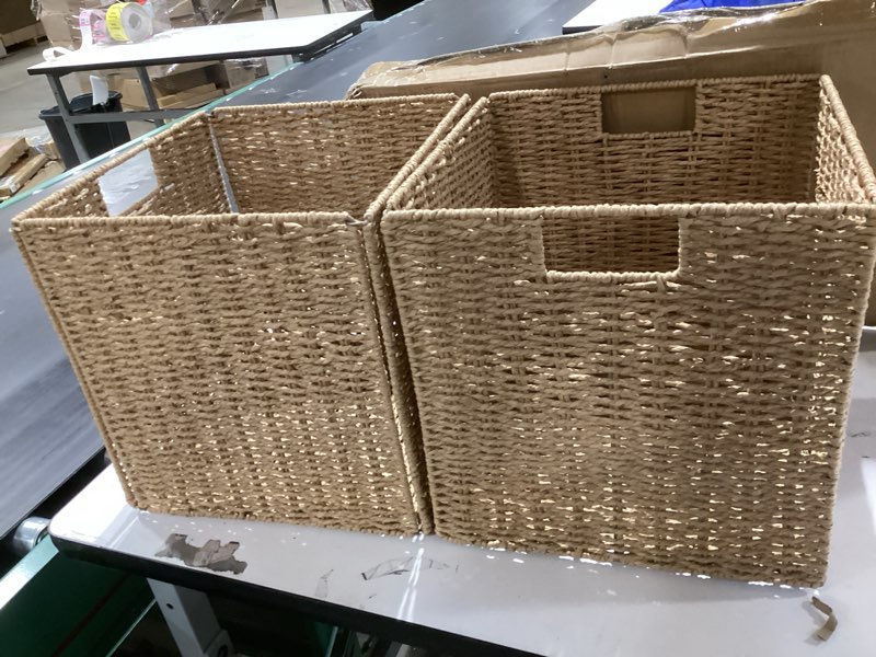 Condition photo showing Good Condition for Vagusicc Wicker Baskets, Set of 2 Hand-Woven Storage Baskets for Shelves with Handles, Foldable Cube Wicker Storage Basket Bins Organizer 13 Inches Large Woven Baskets for Storage Organizing & Decor Natural 13'' x 13'' x 13''