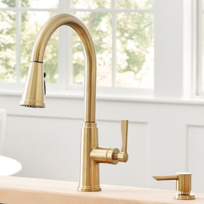 allen + roth townley simplefit brushed gold single handle deck-mount pull-down kitchen faucet with sprayer (includes deck plate) (includes soap dispenser)