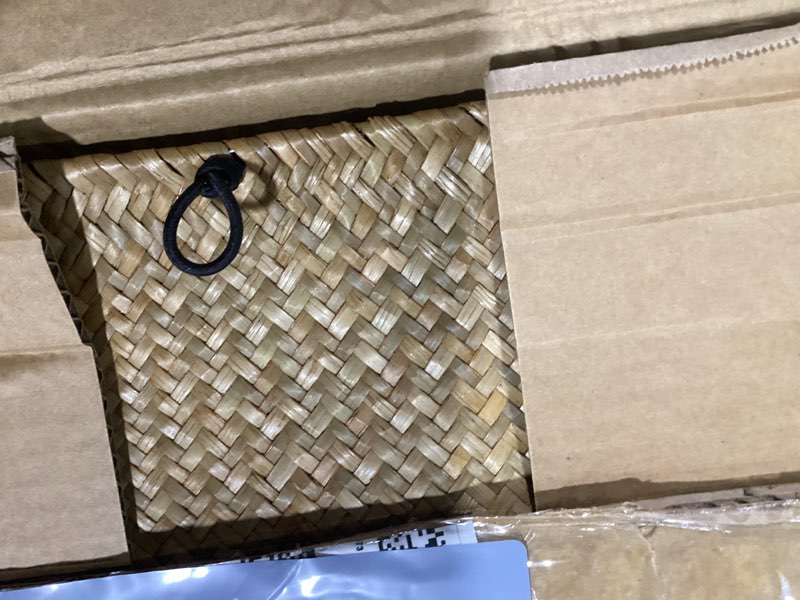 Condition photo showing As Is for Wicker Storage Basket with Lid, Natural Seagrass Woven Shelf Basket for Storage, Rectangular Decorative Storage Bins Boxes Home Organizer Decor (Natural, Medium) Natural 13" x 8.66" x 6.1"