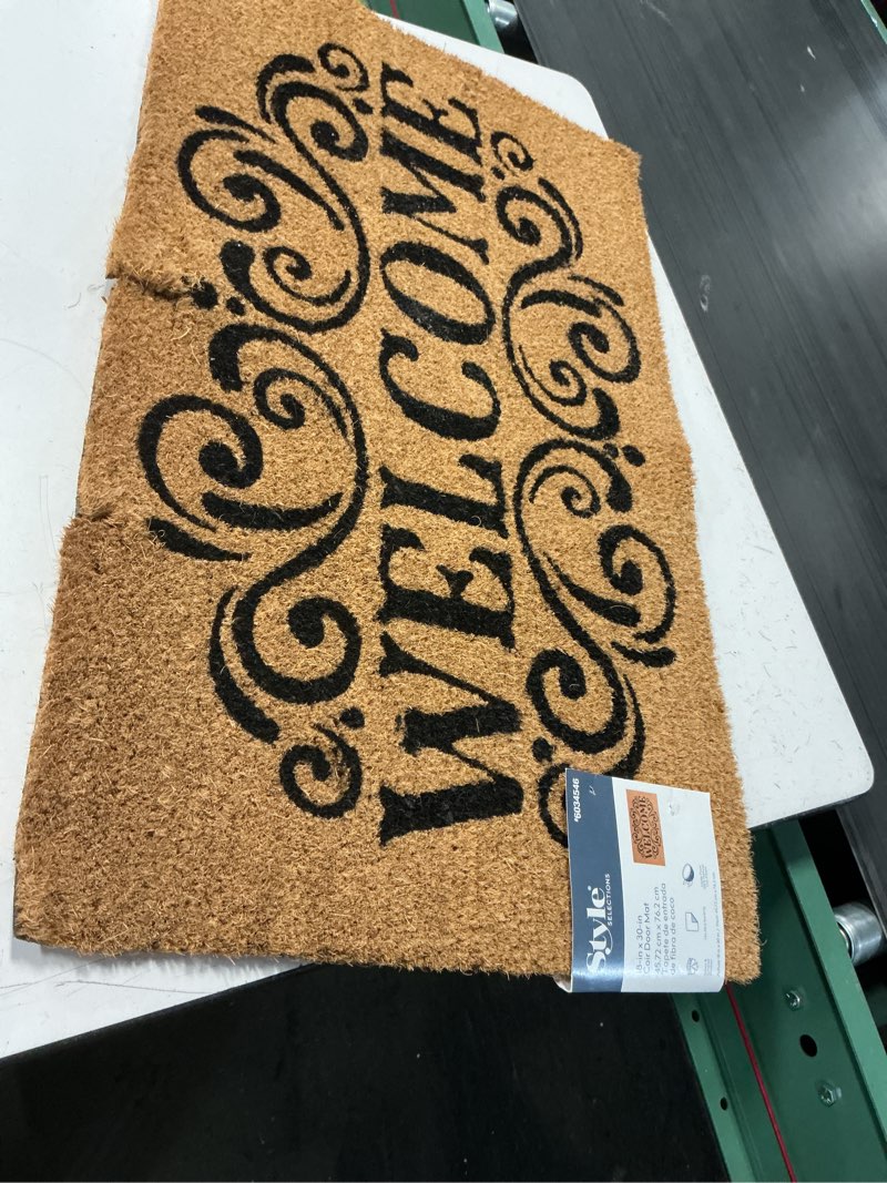 Condition photo showing As Is for style selections 18-in x 30-in natural printed coir non-slip grip indoor or outdoor door mat