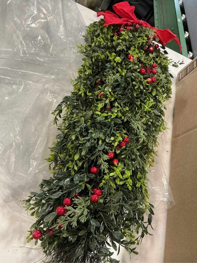 Condition photo showing Good Condition for 31" Christmas Teardrop Swags, Artificial Christmas Swags with Red Bowknot, Red Berries, Green Foliage, Winter Teardrop Swag Wreath for Decorating Indoor Outdoor Home Hanging (Classic Style) Classic Christmas Style