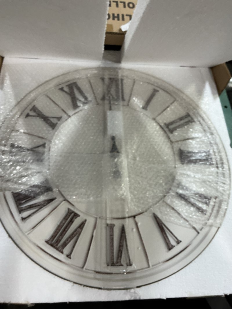 Condition photo showing New/Like New for large farmhouse wall clock - 24 inch, rustic white, distressed roman numeral, metal face, battery operated, modern farmhouse decorative wall clock for living room decor ivory white 24 in