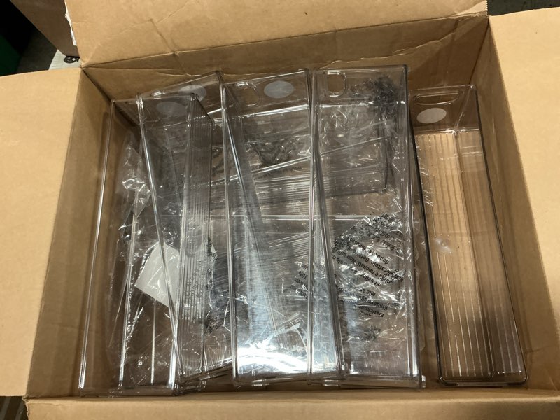 Condition photo showing As Is for mdesign plastic bathroom storage container bins w/ handles - closet, cabinet, vanity, cupboard shelf organization, hair tools accessory organizer - ligne collection; clear, ?5x3.75x16 (pack of 8) ?5 x 3.75 x 16 (pack of 8)