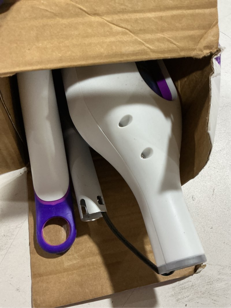 Condition photo showing As Is for swiffer powermop multi-surface mop kit for floor cleaning, fresh scent, mopping kit includes powermop, 2 mopping pad refills, 1 floor cleaning solution with fresh scent and 2 batteries purple and white